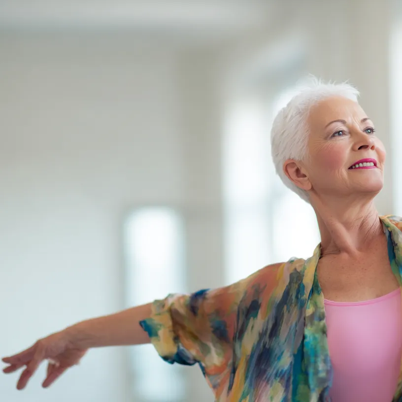 Ältere Frau beim Everdance, dem Tanzen in der Gruppe ohne Partner.