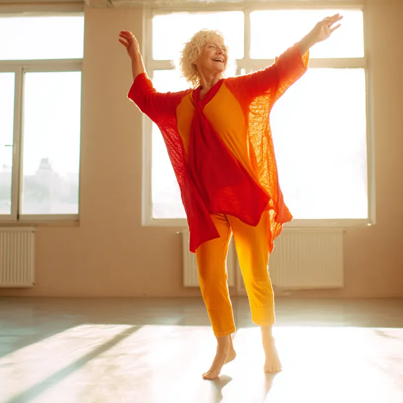 Everdance® Soloswing60plus für alle Menschen ab 60 Jahren. Ältere Frau bewegt sich freudvoll.